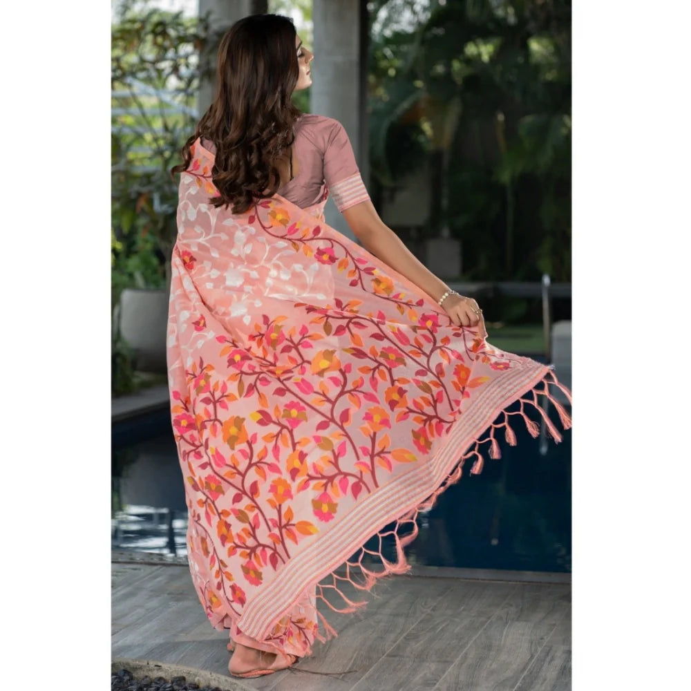 Gillkart Women's Cotton Printed Saree With Unstitched Blouse (Peach, 5-6 Mtrs)