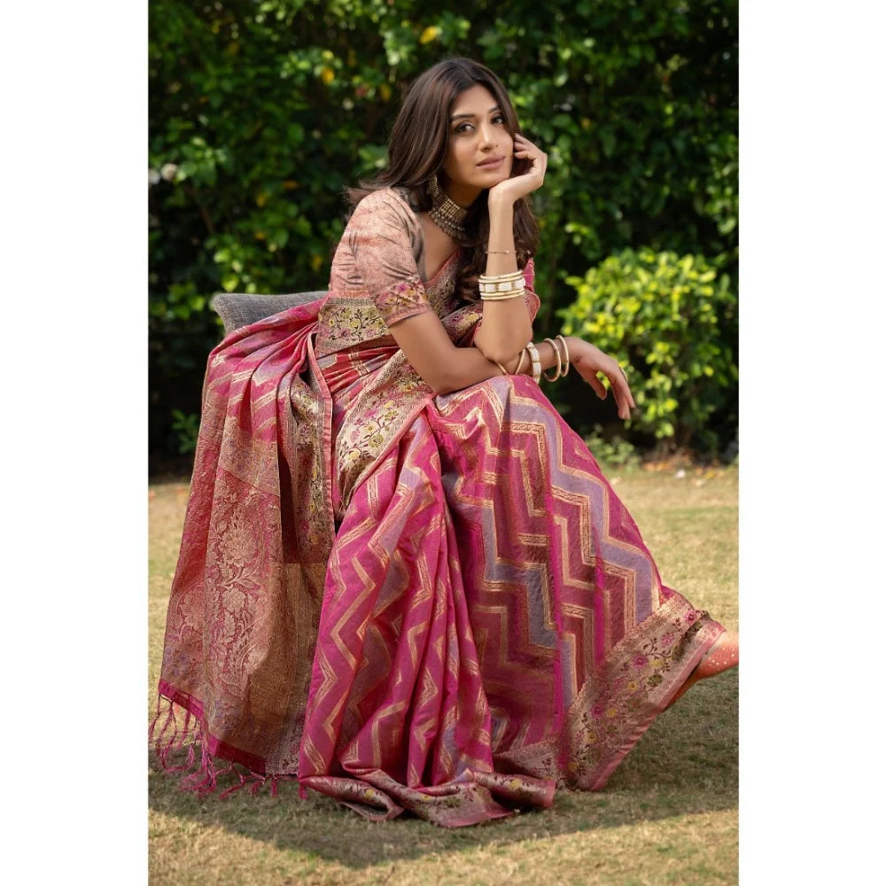 Gillkart Women's Organza Printed Saree With Unstitched Blouse (Pink, 5-6 Mtrs)