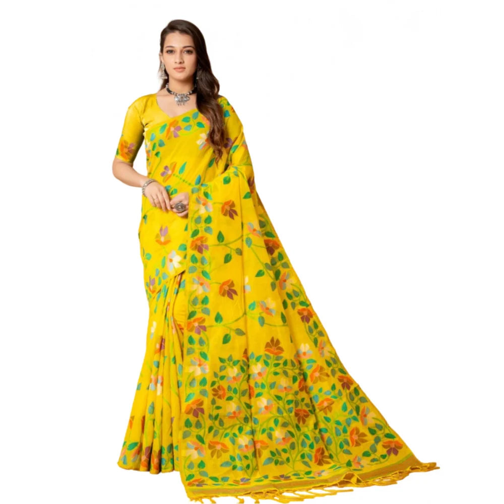 Gillkart Women's Cotton Printed Saree With Unstitched Blouse (Yellow, 5-6 Mtrs)