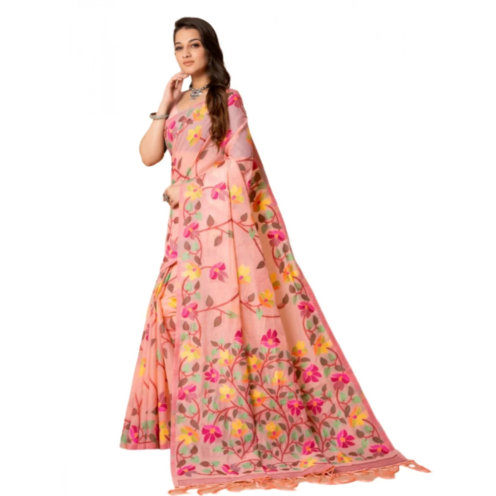 Gillkart Women's Cotton Printed Saree With Unstitched Blouse (Pink, 5-6 Mtrs)