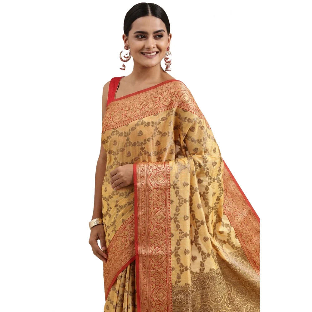 Gillkart Women's Chanderi Cotton Printed Saree With Unstitched Blouse (Yellow, 5-6 Mtrs)