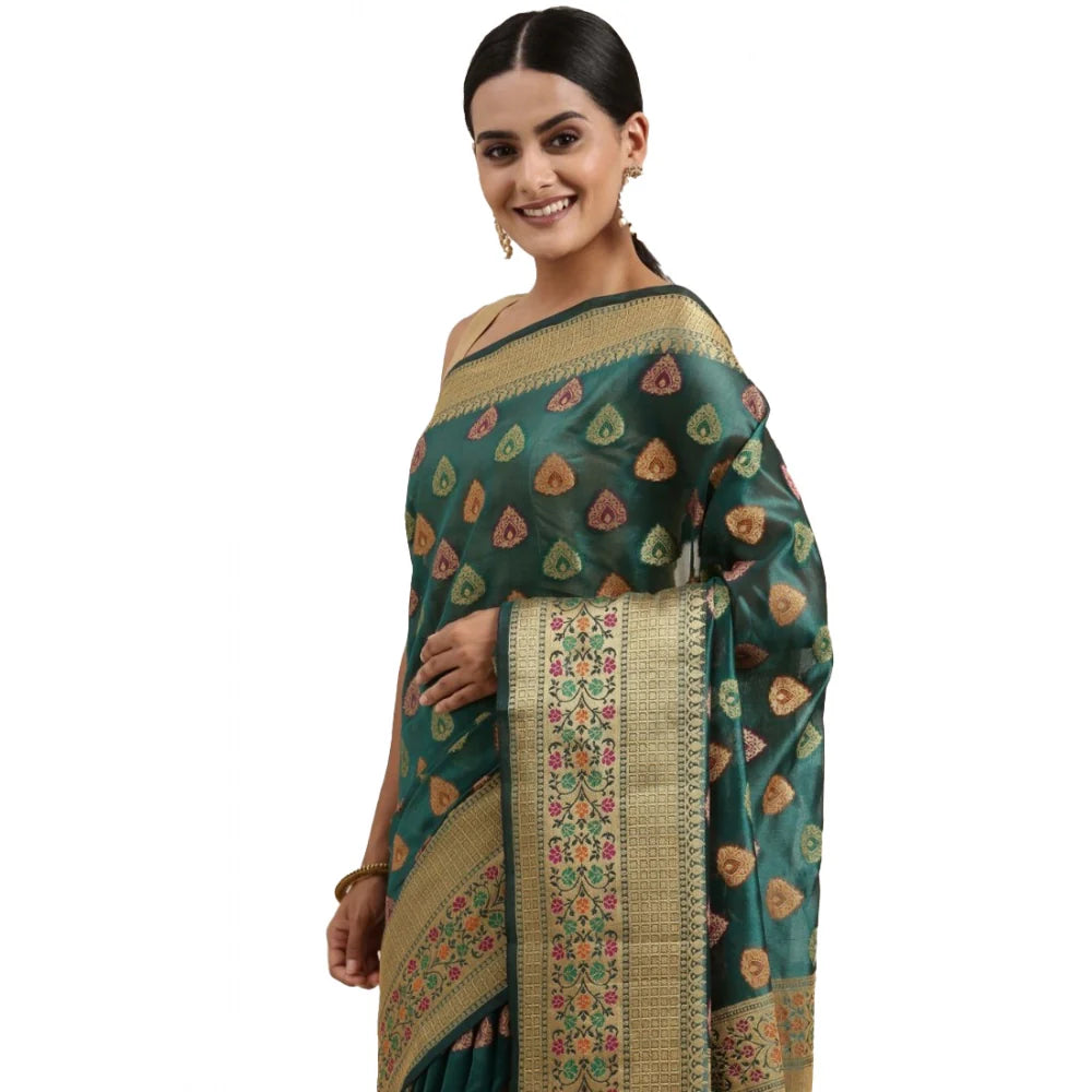 Gillkart Women's Organza Printed Saree With Unstitched Blouse (Sea Green, 5-6 Mtrs)
