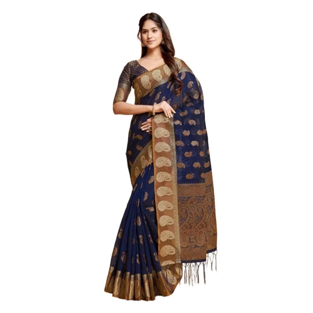 Gillkart Women's Chanderi Cotton Printed Saree With Unstitched Blouse (Navy Blue, 5-6 Mtrs)