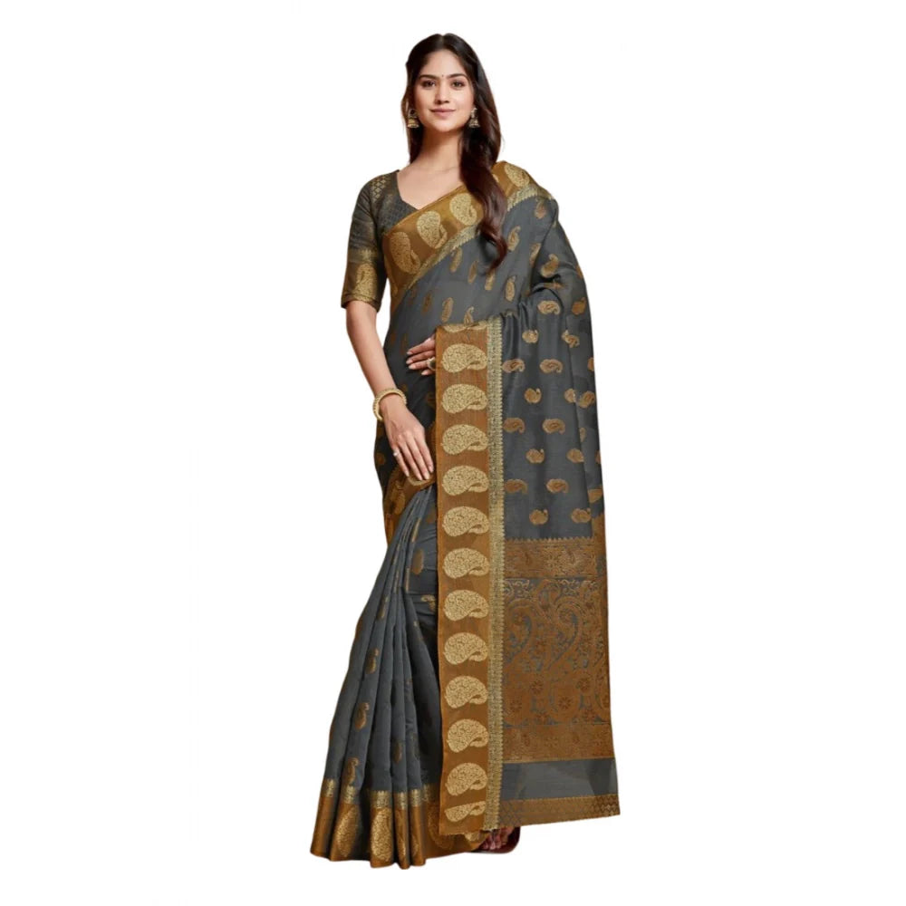 Gillkart Women's Chanderi Cotton Printed Saree With Unstitched Blouse (Grey, 5-6 Mtrs)