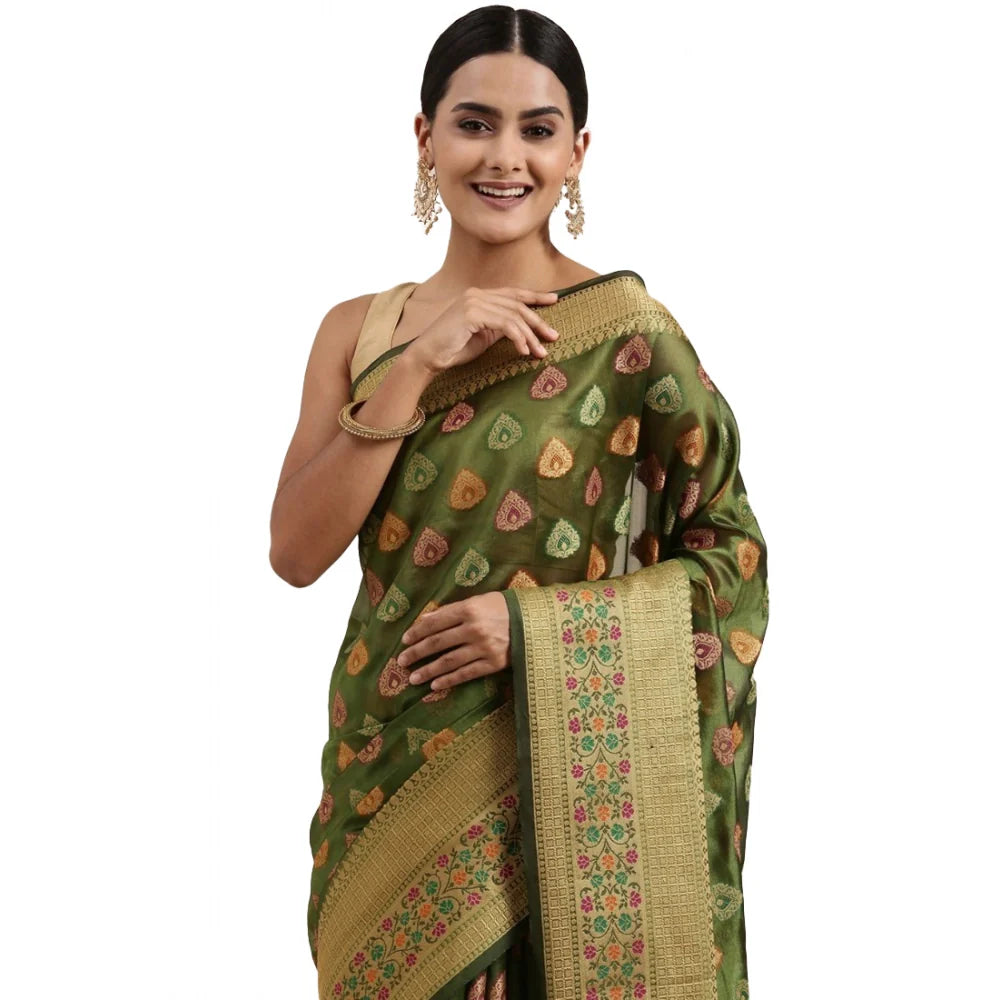 Gillkart Women's Organza Printed Saree With Unstitched Blouse (Mahendi, 5-6 Mtrs)
