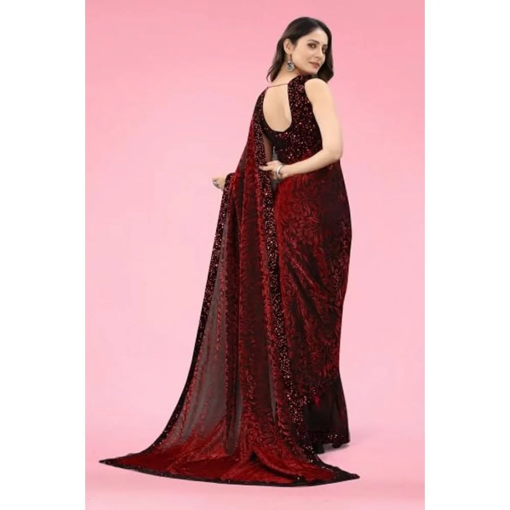 Women's Lycra Floral Saree With Unstitched Blouse (Maroon, 5.5 Mtr)