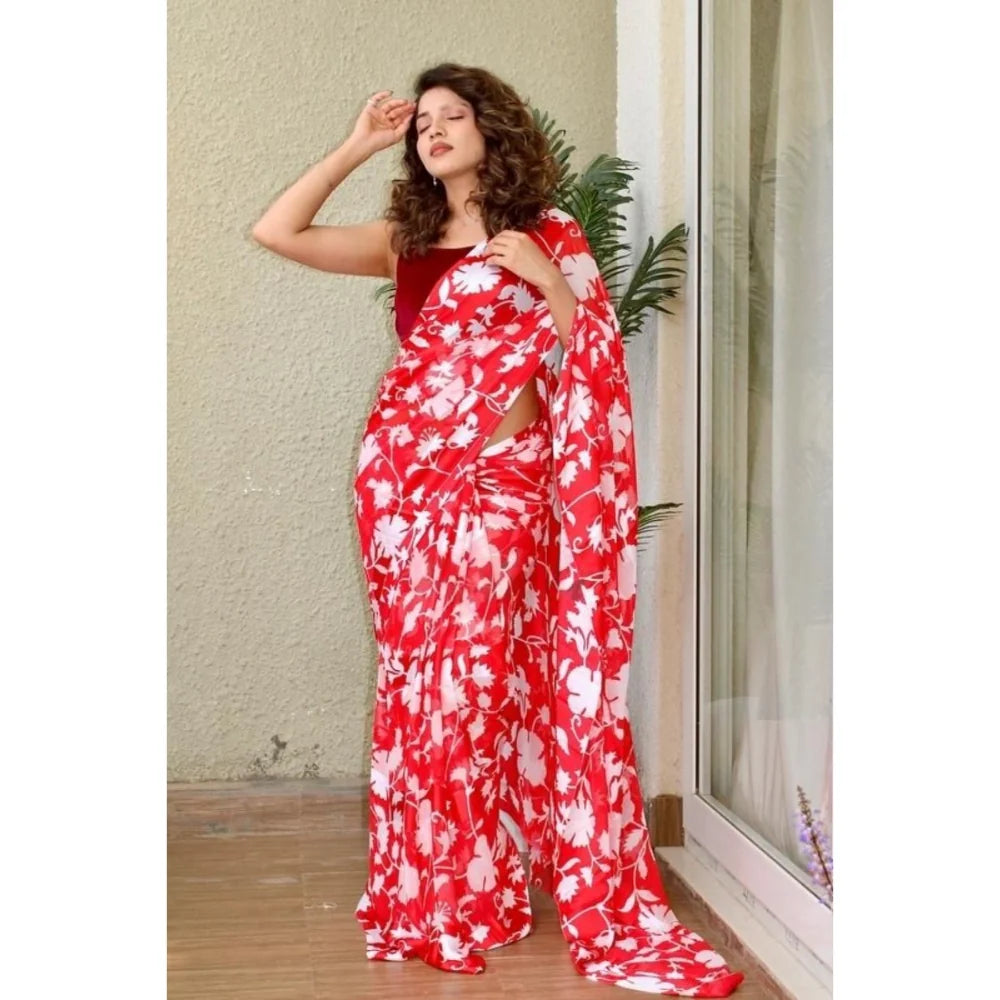 Womens Sattin Patta Printed Saree With Unstitched Blouse Red 55 Mtrs