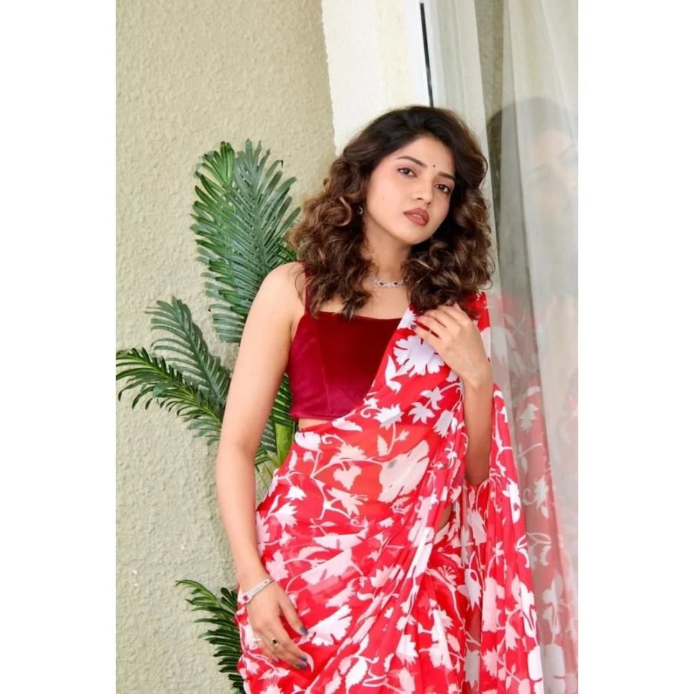 Womens Sattin Patta Printed Saree With Unstitched Blouse Red 55 Mtrs