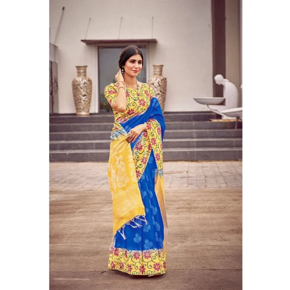 Women's Cotton Blend Printed Saree With Unstitched Blouse (Blue, 5-5 Mtrs)