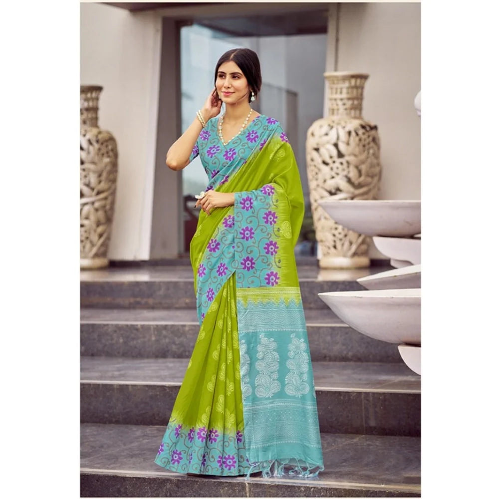 Women's Cotton Blend Printed Saree With Unstitched Blouse (Green, 5-5 Mtrs)
