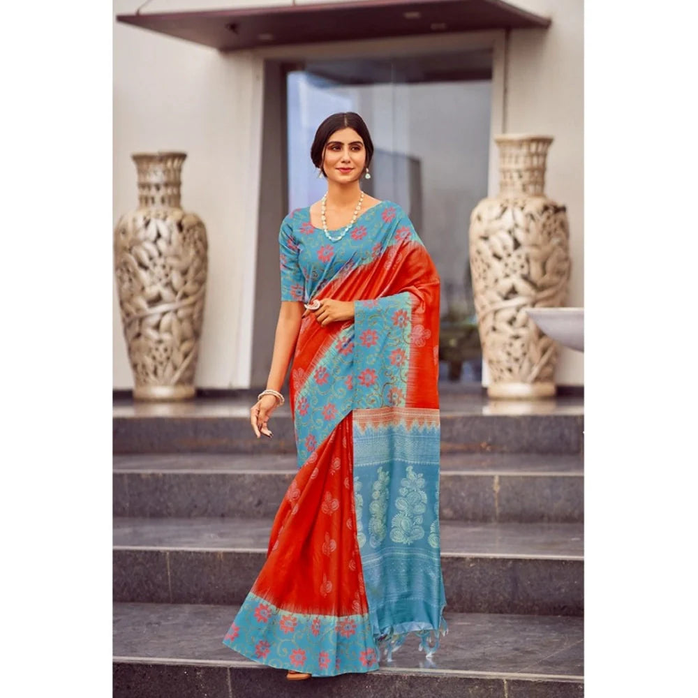 Women's Cotton Blend Printed Saree With Unstitched Blouse (Red, 5-5 Mtrs)