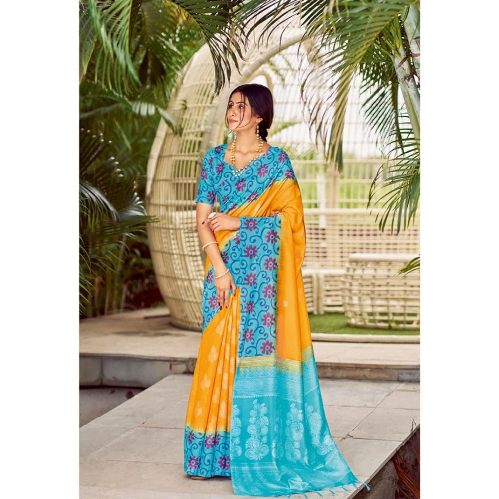 Women's Cotton Blend Printed Saree With Unstitched Blouse (Yellow, 5-5 Mtrs)