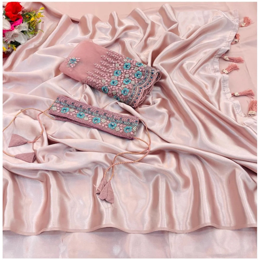 Women's Satin Solid Saree With Unstitched Blouse (Pink, 5-5 Mtrs)