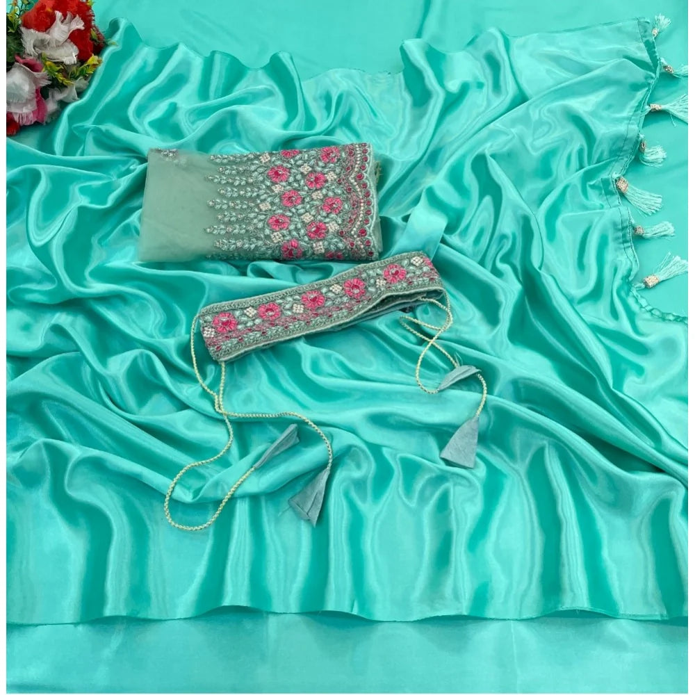 Women's Satin Solid Saree With Unstitched Blouse (Skyblue, 5-5 Mtrs)