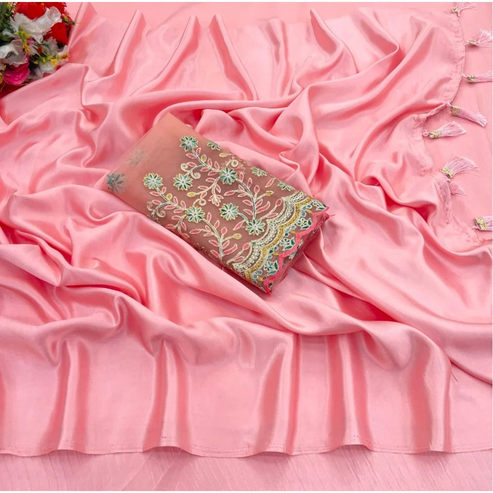 Women's Satin Solid Saree With Unstitched Blouse (Pink, 5-5 Mtrs)