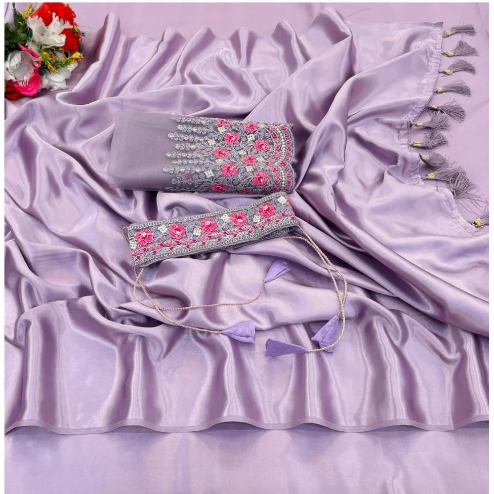 Women's Satin Solid Saree With Unstitched Blouse (Purple, 5-5 Mtrs)