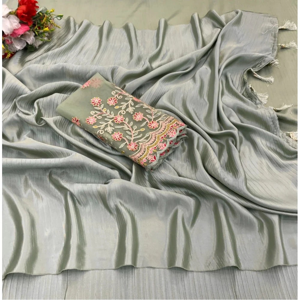 Women's Satin Solid Saree With Unstitched Blouse (Grey, 5-5 Mtrs)