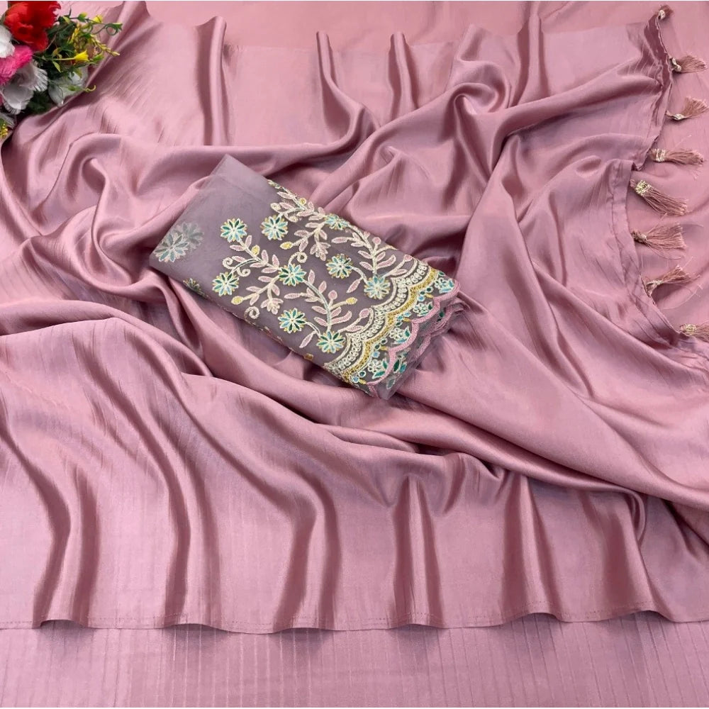 Women's Satin Solid Saree With Unstitched Blouse (Maroon, 5-5 Mtrs)