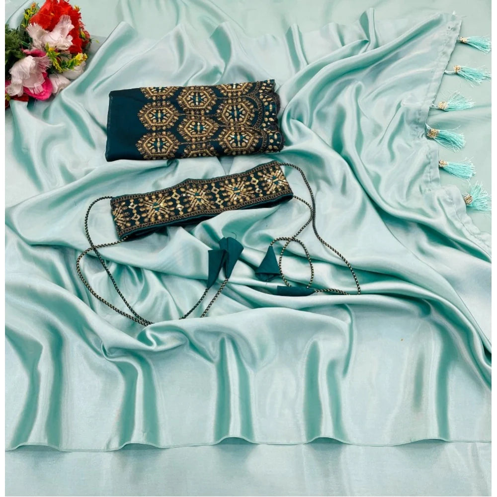 Women's Satin Solid Saree With Unstitched Blouse (Skyblue, 5-5 Mtrs)