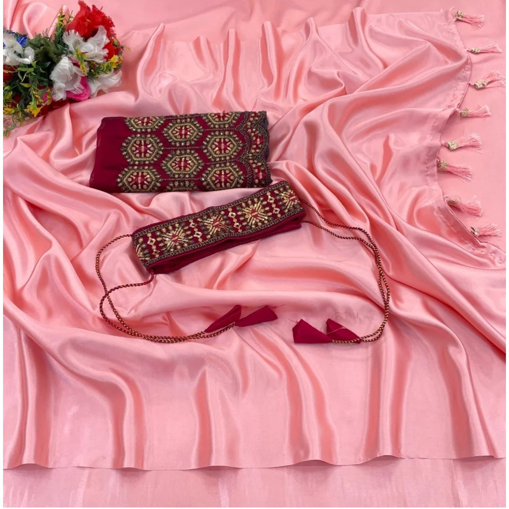 Women's Satin Solid Saree With Unstitched Blouse (Pink, 5-5 Mtrs)