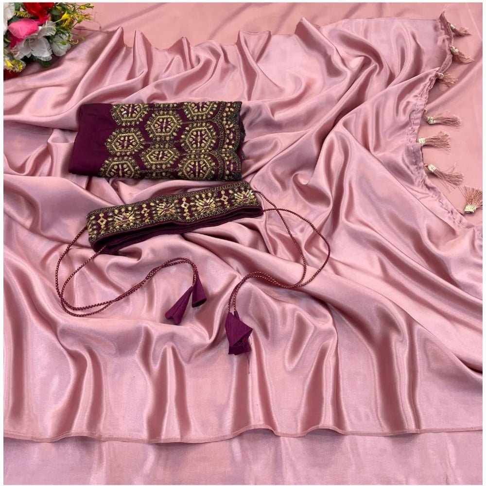 Women's Satin Solid Saree With Unstitched Blouse (Wine, 5-5 Mtrs)