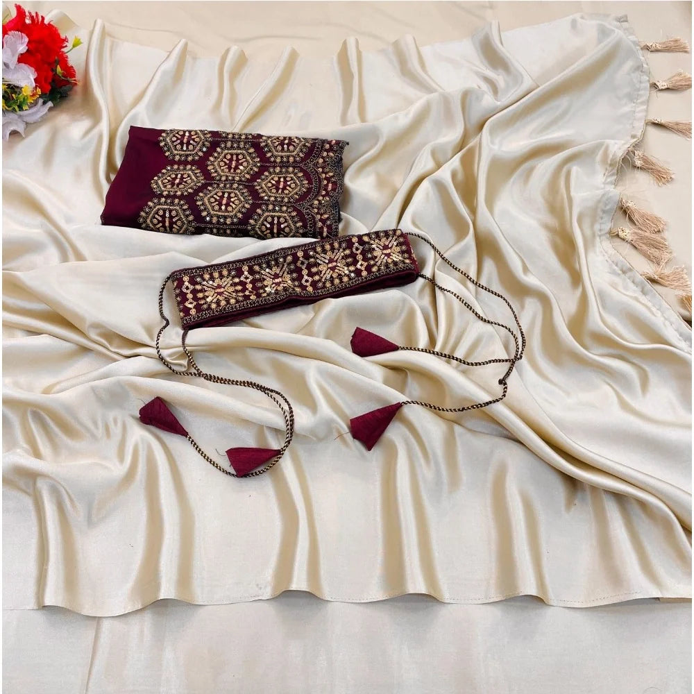 Women's Satin Solid Saree With Unstitched Blouse (Begie, 5-5 Mtrs)