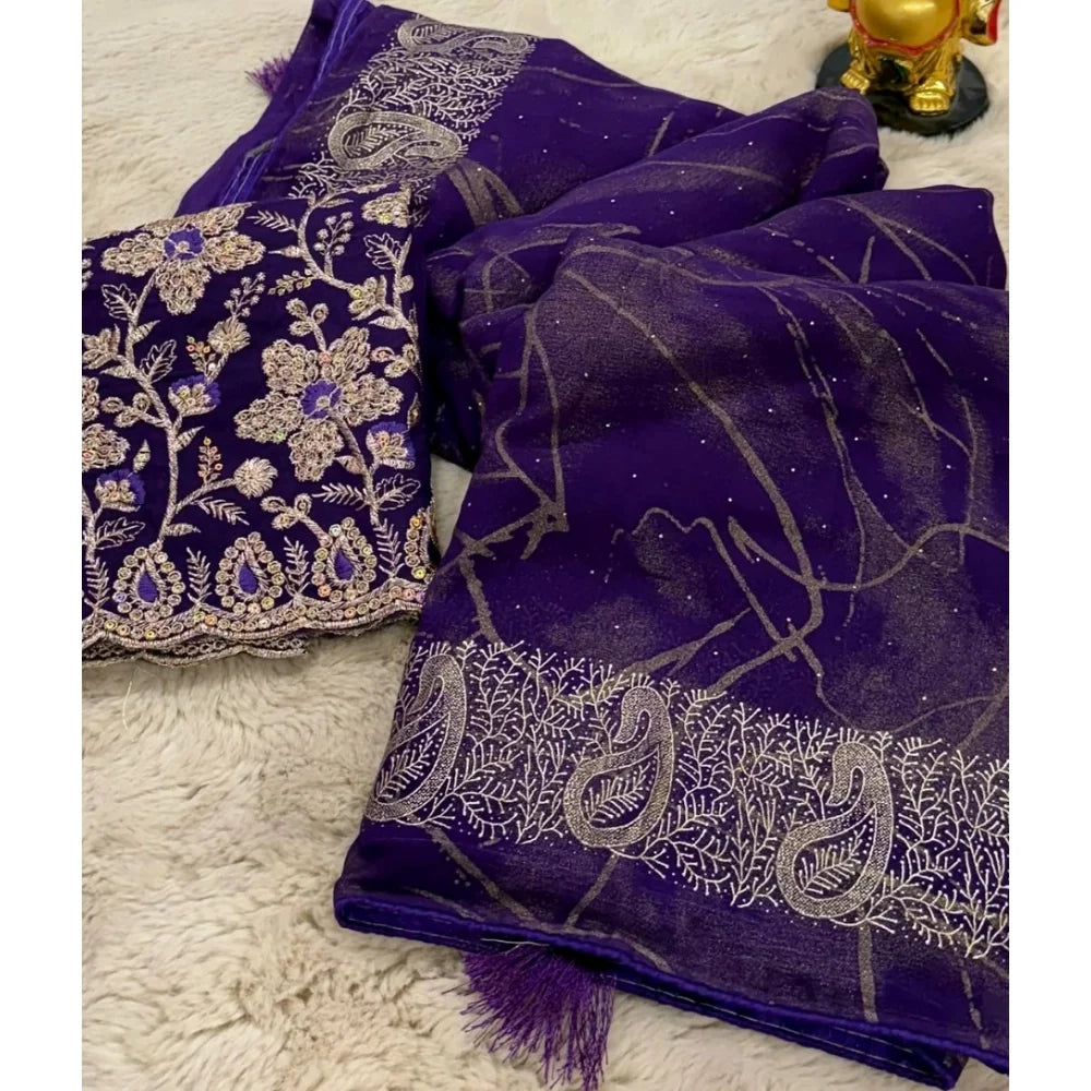 Women's Georgette Printed Saree With Unstitched Blouse (Purple, 5-5 Mtrs)