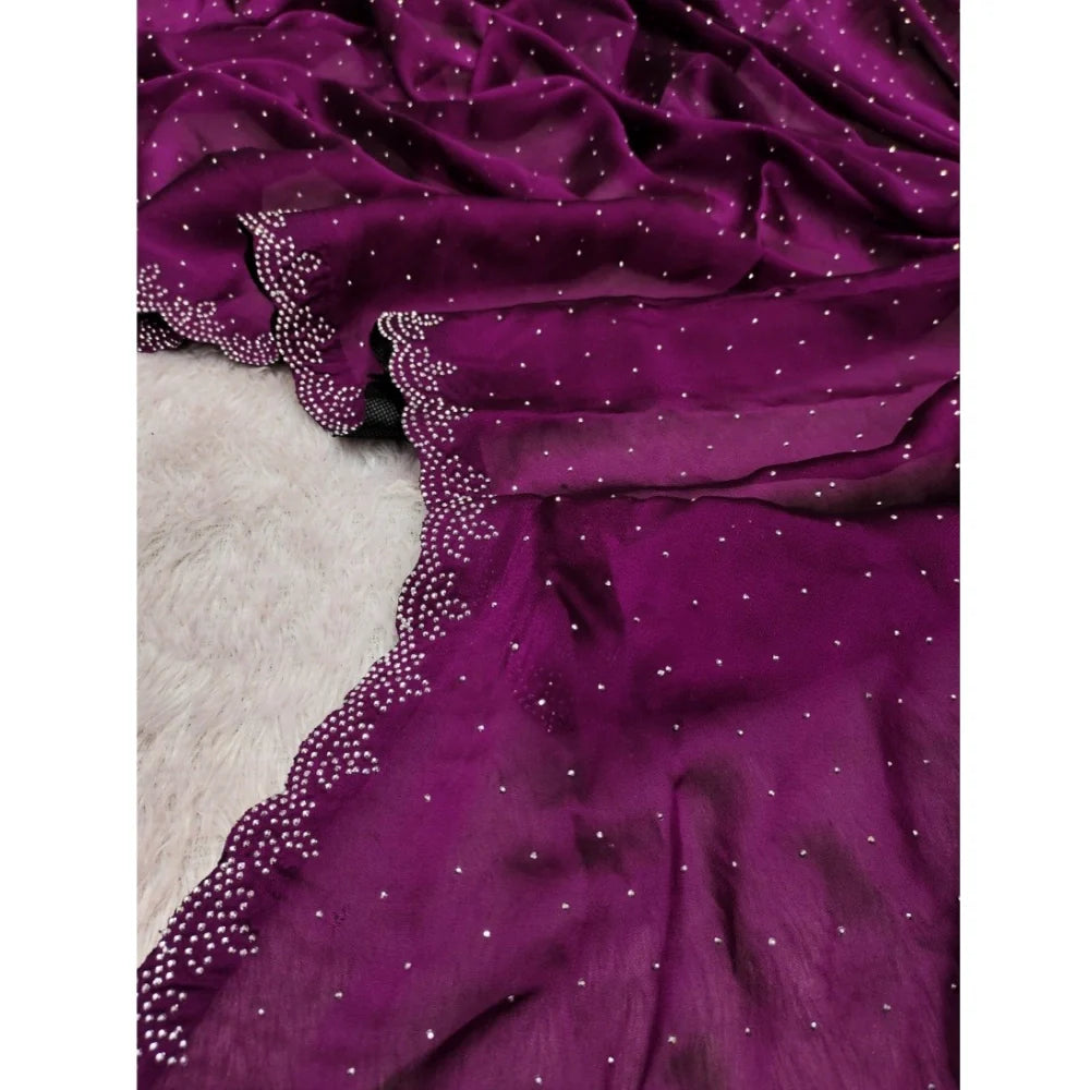 Women's Georgette Satin Silk Saree With Unstitched Blouse 5.5Mtr (Wine)