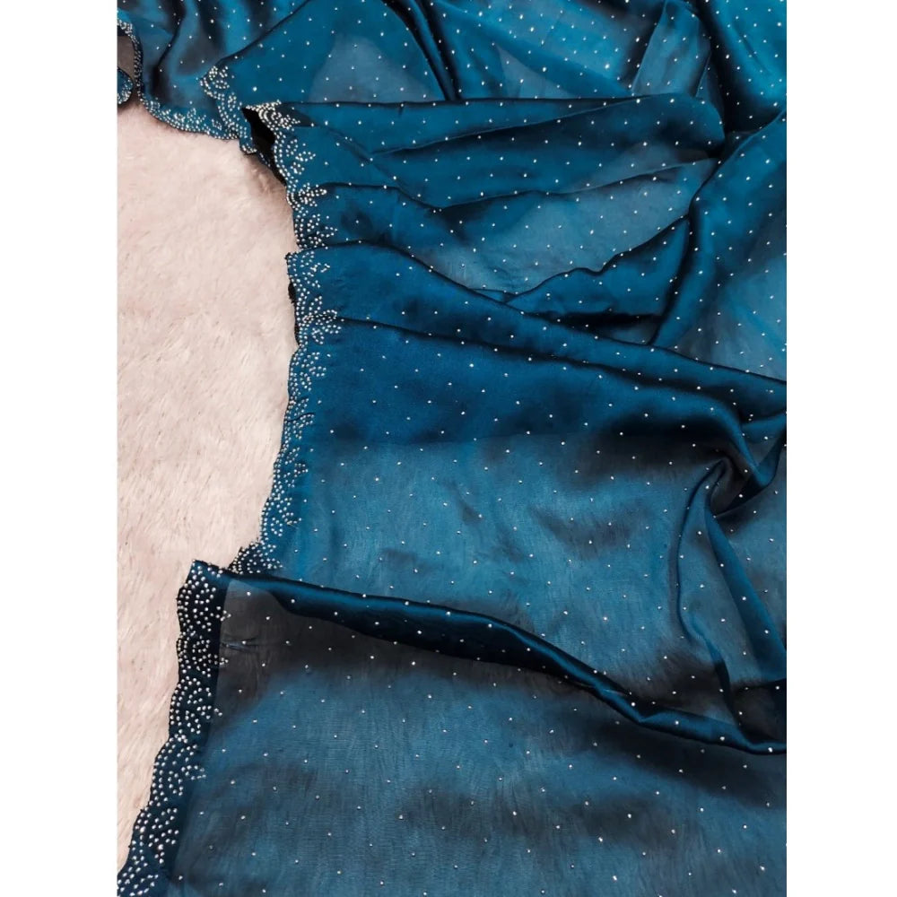 Women's Georgette Satin Silk Saree With Unstitched Blouse 5.5Mtr (Blue)