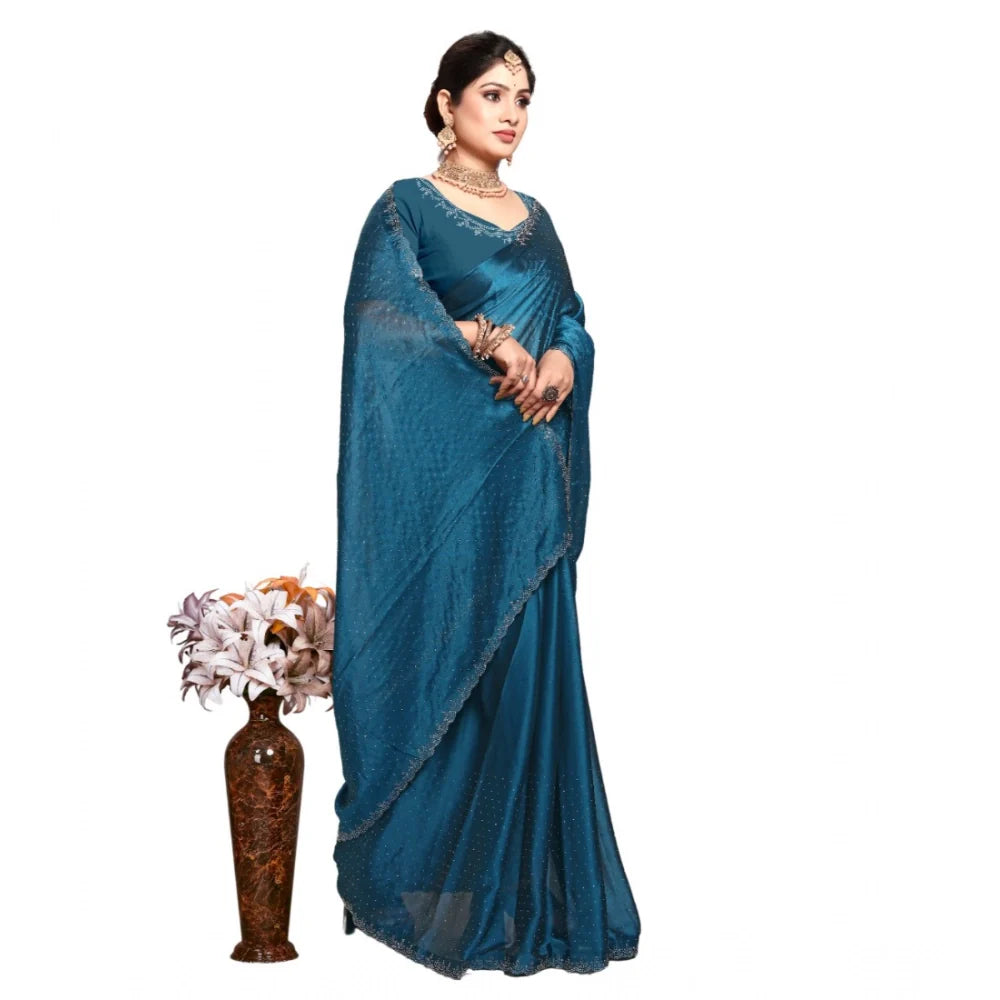 Women's Georgette Satin Silk Saree With Unstitched Blouse 5.5Mtr (Blue)