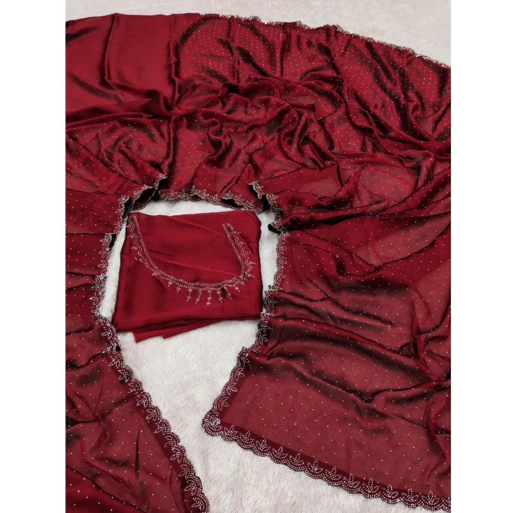 Women's Georgette Satin Silk Saree With Unstitched Blouse 5.5Mtr (Red)