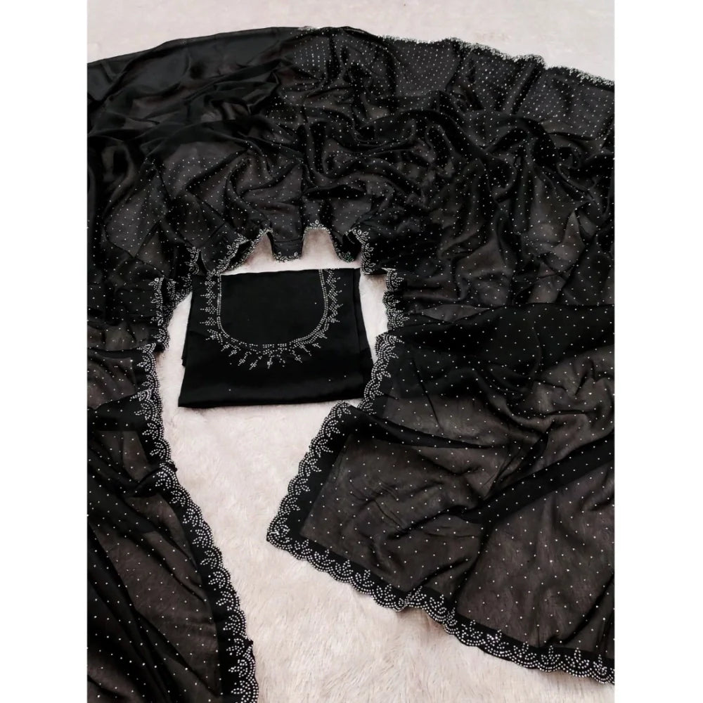 Women's Georgette Satin Silk Saree With Unstitched Blouse 5.5Mtr (Black)