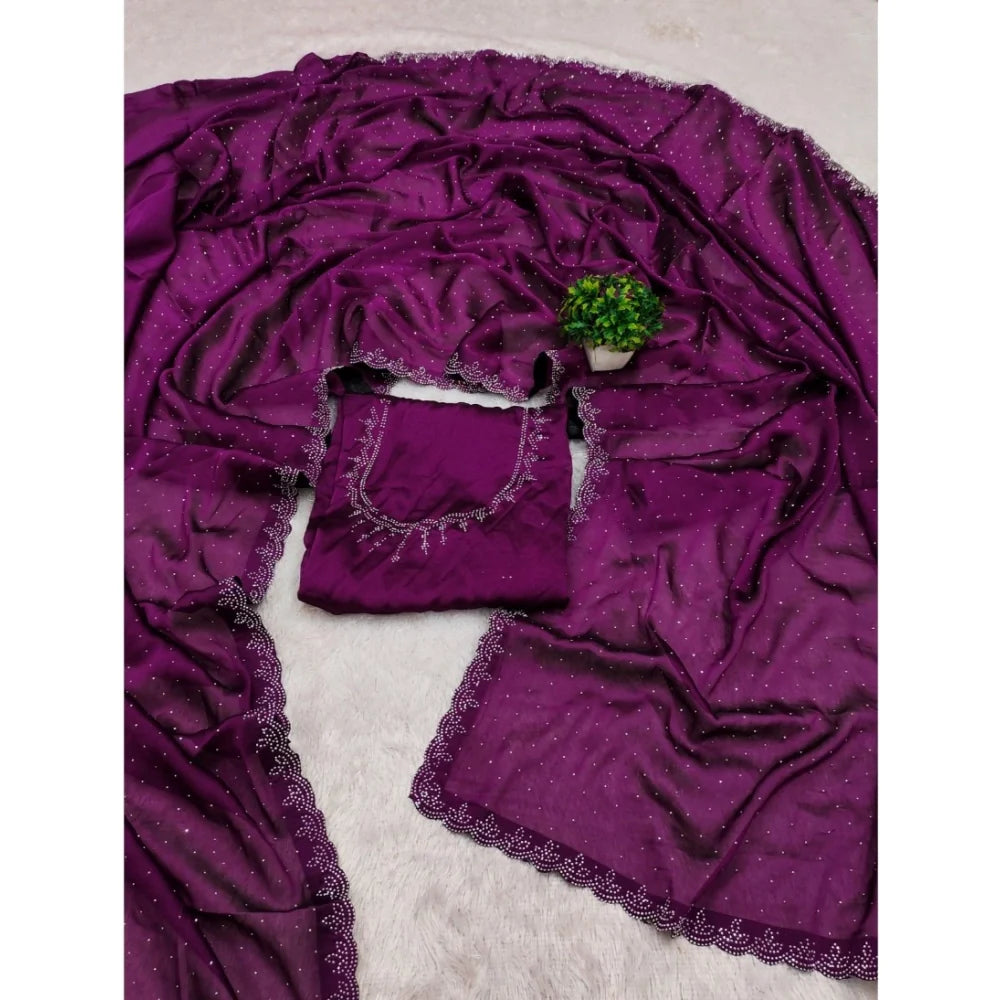 Women's Georgette Satin Silk Saree With Unstitched Blouse 5.5Mtr (Wine)