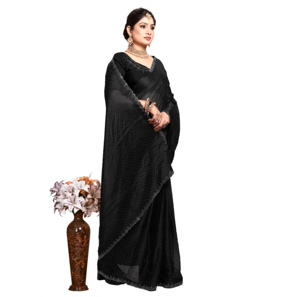 Women's Georgette Satin Silk Saree With Unstitched Blouse 5.5Mtr (Black)