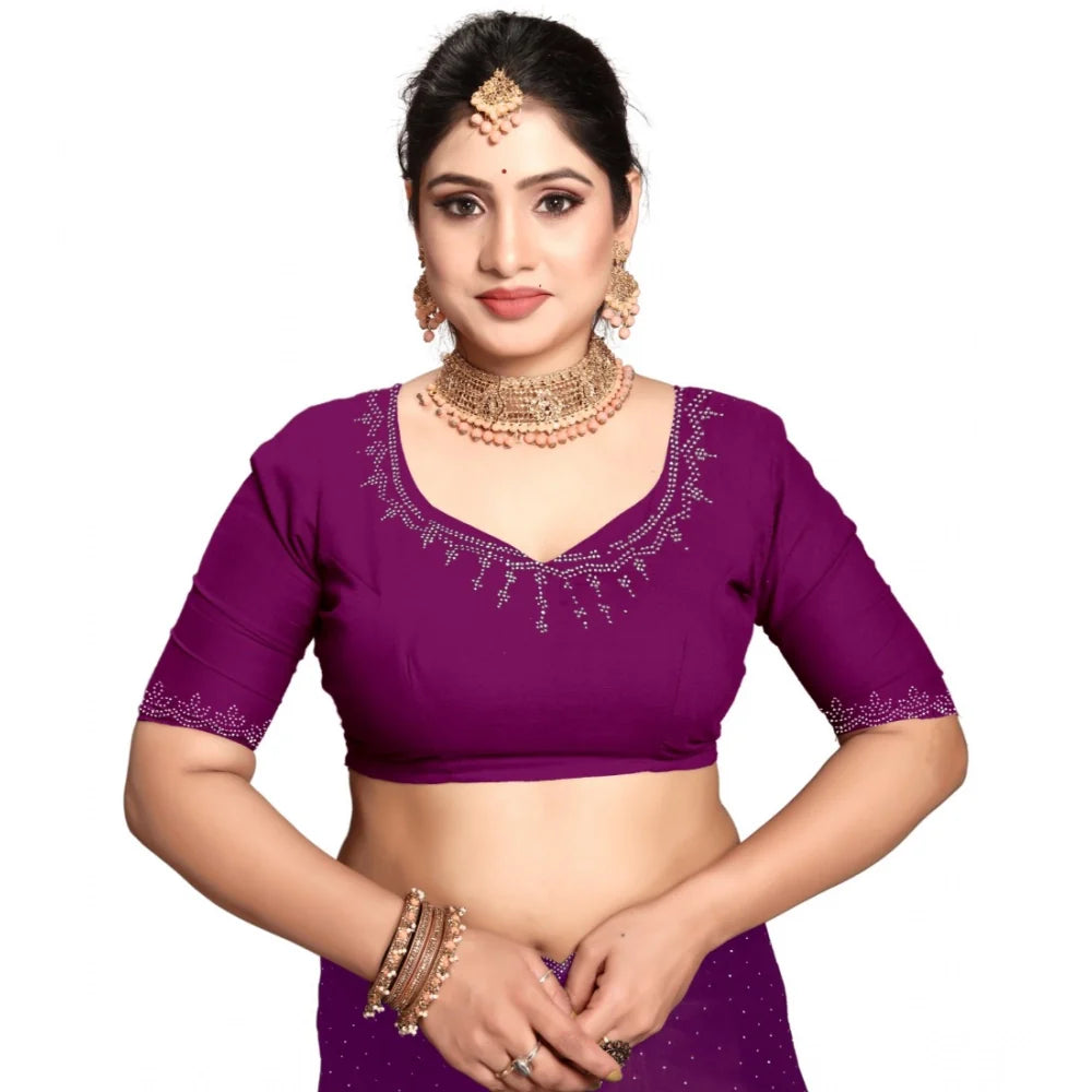 Women's Georgette Satin Silk Saree With Unstitched Blouse 5.5Mtr (Wine)