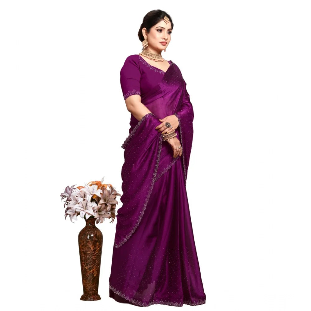 Women's Georgette Satin Silk Saree With Unstitched Blouse 5.5Mtr (Wine)