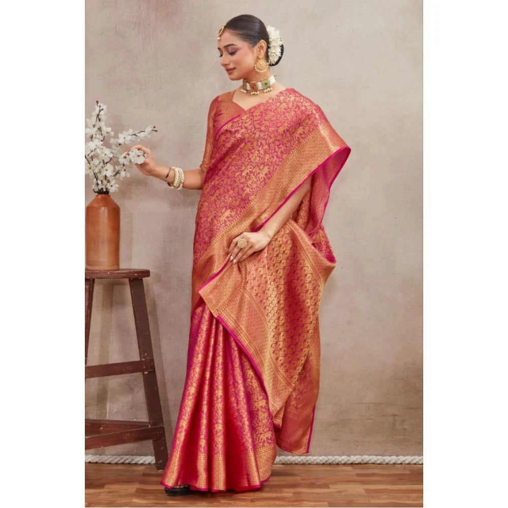 Women's Silk Blend Floral Printed Saree With Unstitched Blouse 5.5Mtr (Pink)