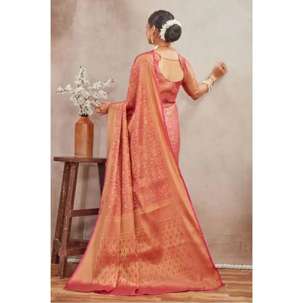 Women's Silk Blend Floral Printed Saree With Unstitched Blouse 5.5Mtr (Peach)
