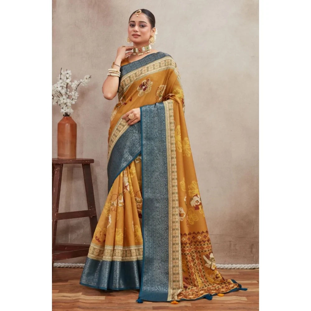 Women's Crepe Silk Printed Saree With Unstitched Blouse 5.5Mtr (Mustard)