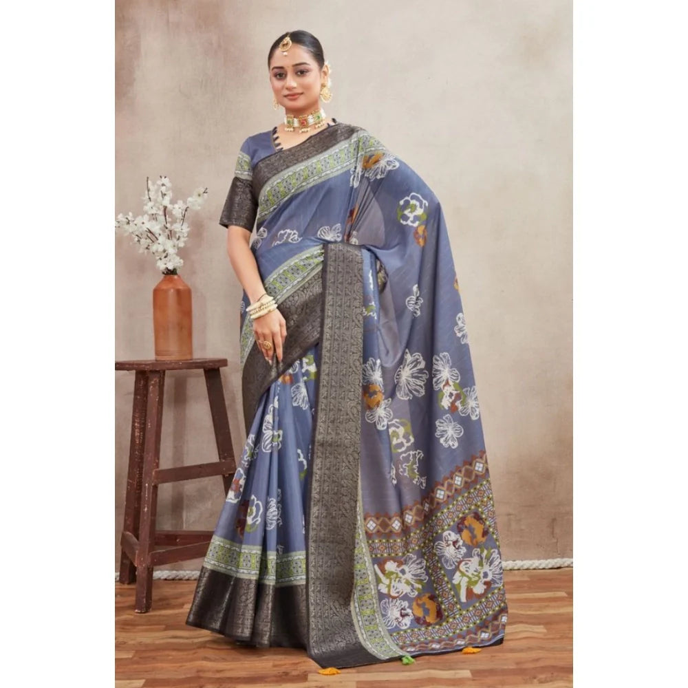 Women's Crepe Silk Printed Saree With Unstitched Blouse 5.5Mtr (Grey)