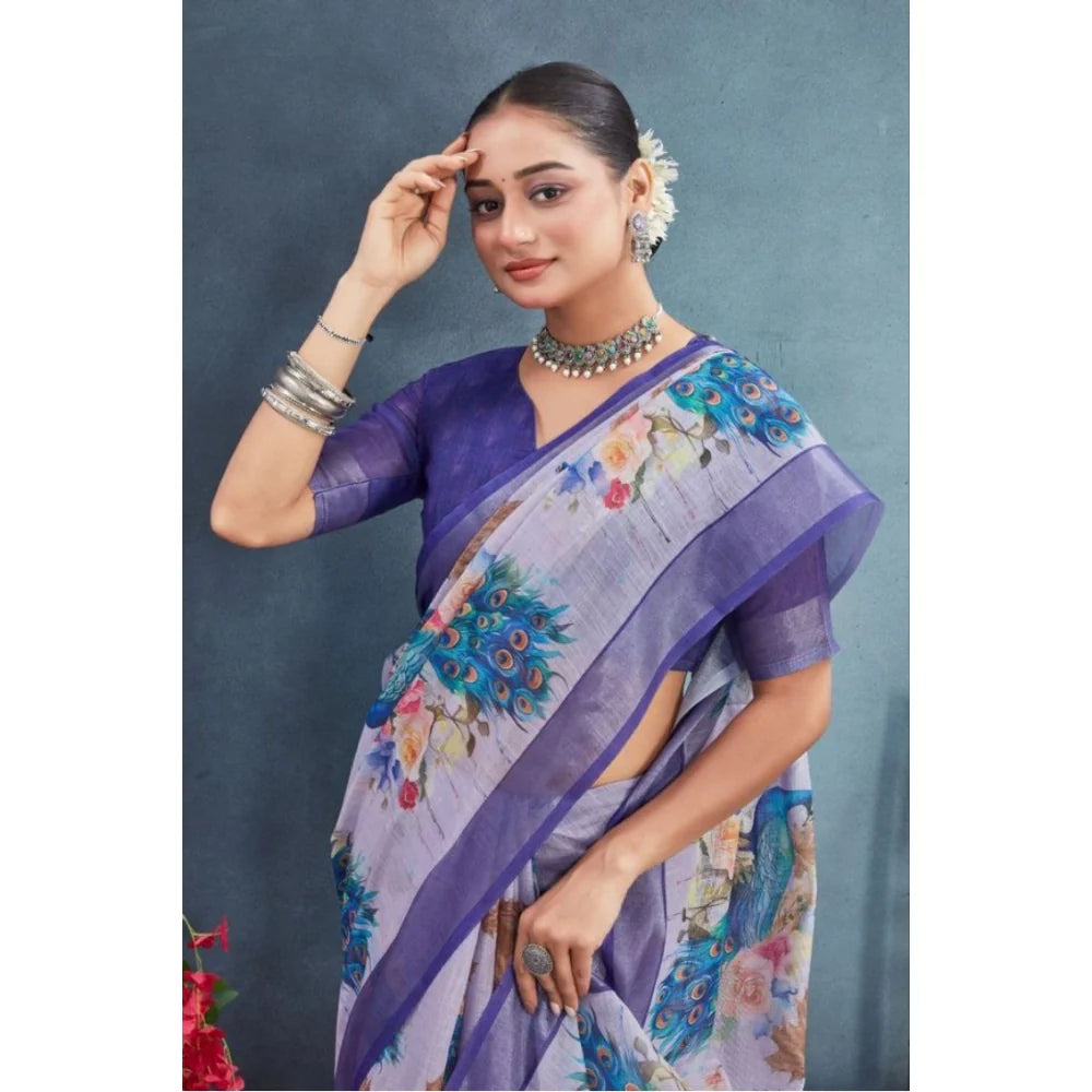 Women's Linen Floral Printed Saree With Unstitched Blouse 5.5Mtr (Purple)
