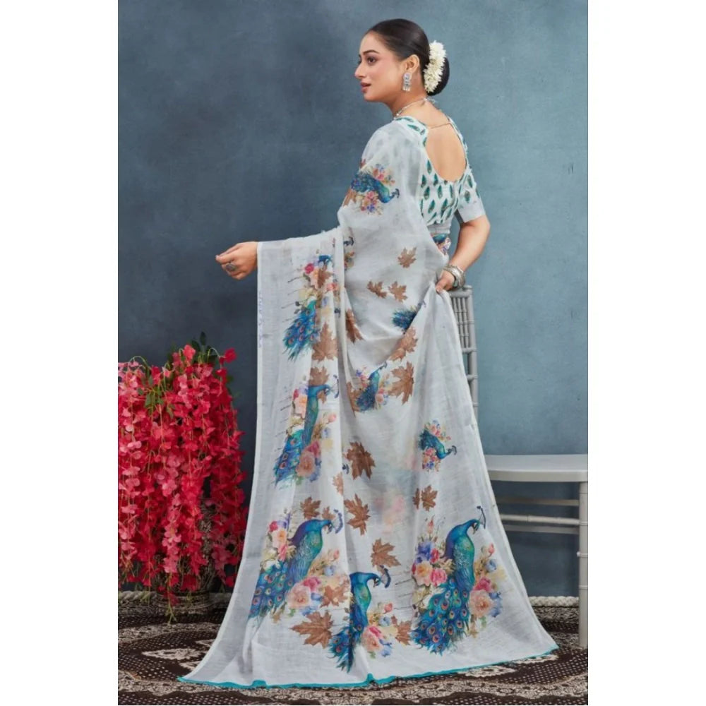 Women's Linen Floral Printed Saree With Unstitched Blouse 5.5Mtr (Off-White)