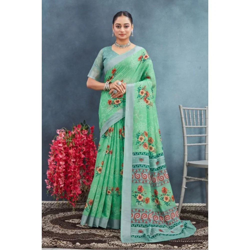 Women's Linen Floral Printed Saree With Unstitched Blouse 5.5Mtr (Green)