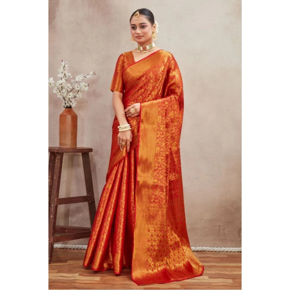 Women's Silk Blend Floral Printed Saree With Unstitched Blouse 5.5Mtr (Red)