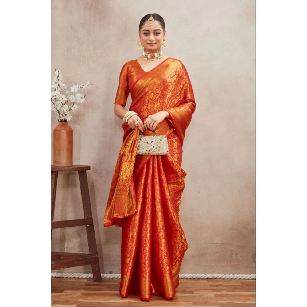 Women's Silk Blend Floral Printed Saree With Unstitched Blouse 5.5Mtr (Red)