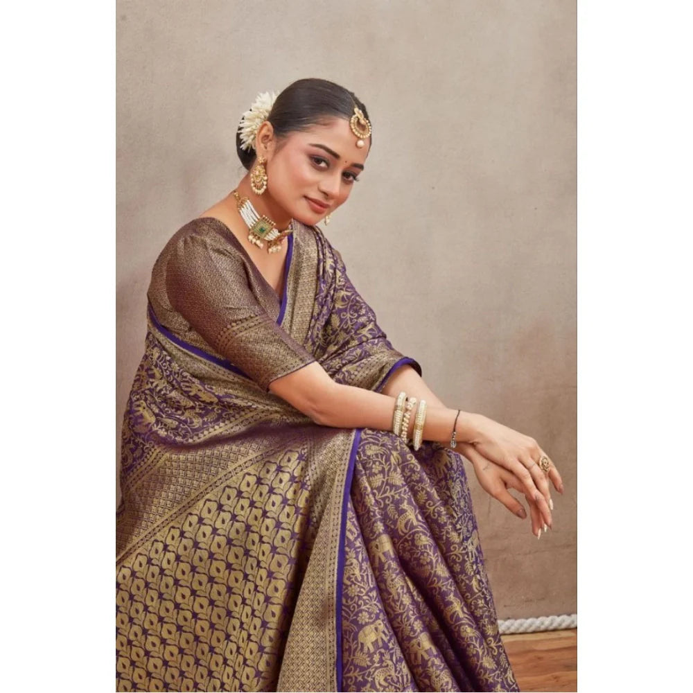 Women's Silk Blend Floral Printed Saree With Unstitched Blouse 5.5Mtr (Navy Blue)