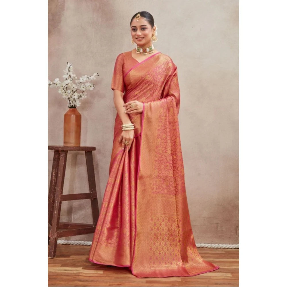 Women's Silk Blend Floral Printed Saree With Unstitched Blouse 5.5Mtr (Peach)