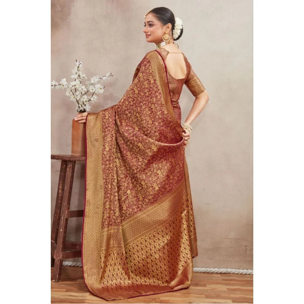 Women's Silk Blend Floral Printed Saree With Unstitched Blouse 5.5Mtr (Brown)