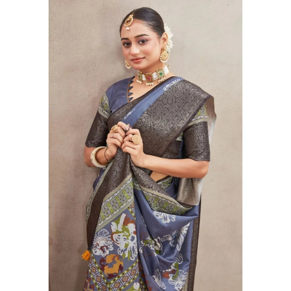 Women's Crepe Silk Printed Saree With Unstitched Blouse 5.5Mtr (Grey)