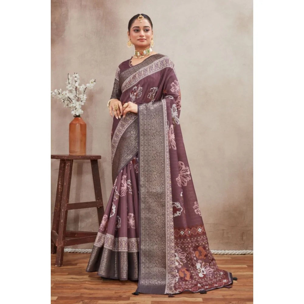 Women's Crepe Silk Printed Saree With Unstitched Blouse 5.5Mtr (purple)